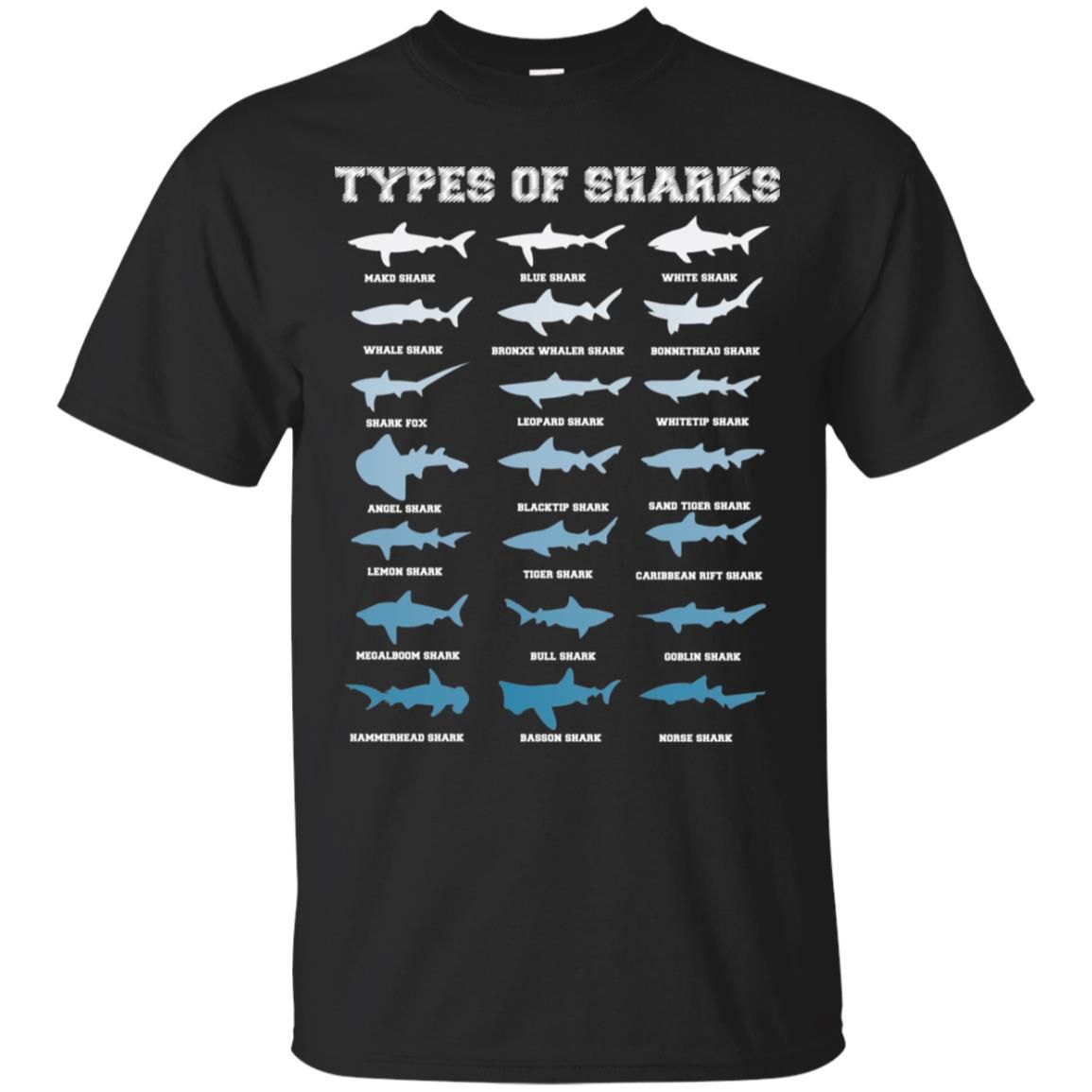 21 Types of Sharks Marine Biology Shirt Style: Gildan Cotton T-Shirt, Color: Black