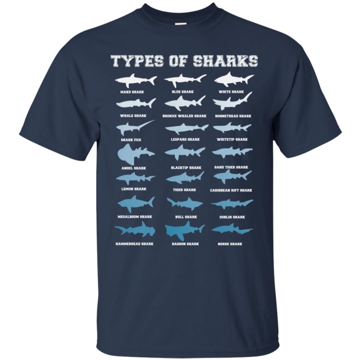 21 Types of Sharks Marine Biology Shirt Style: Gildan Cotton T-Shirt, Color: Navy
