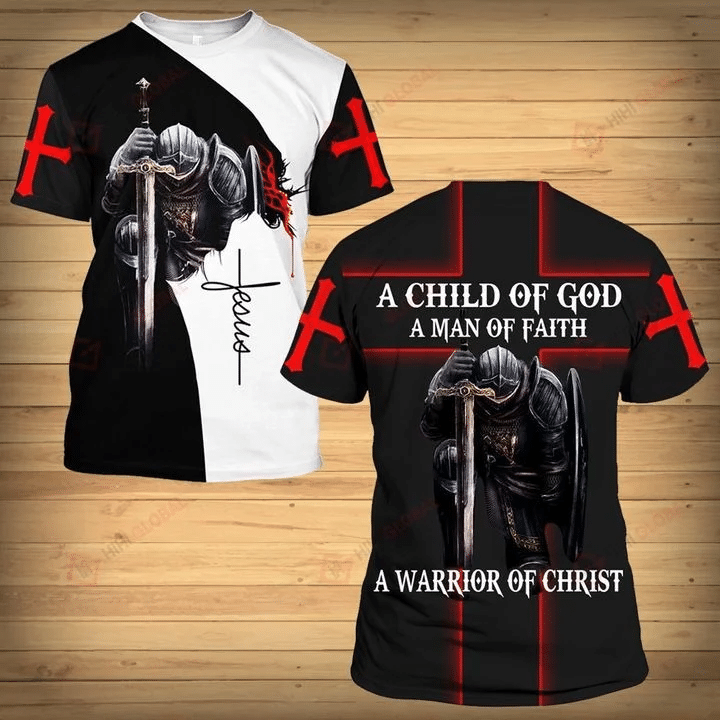 A Child Of God A Man Of Faith A Warrior Of Christ Knight Jesus 3D Style: 3D T-Shirt, Color: Black