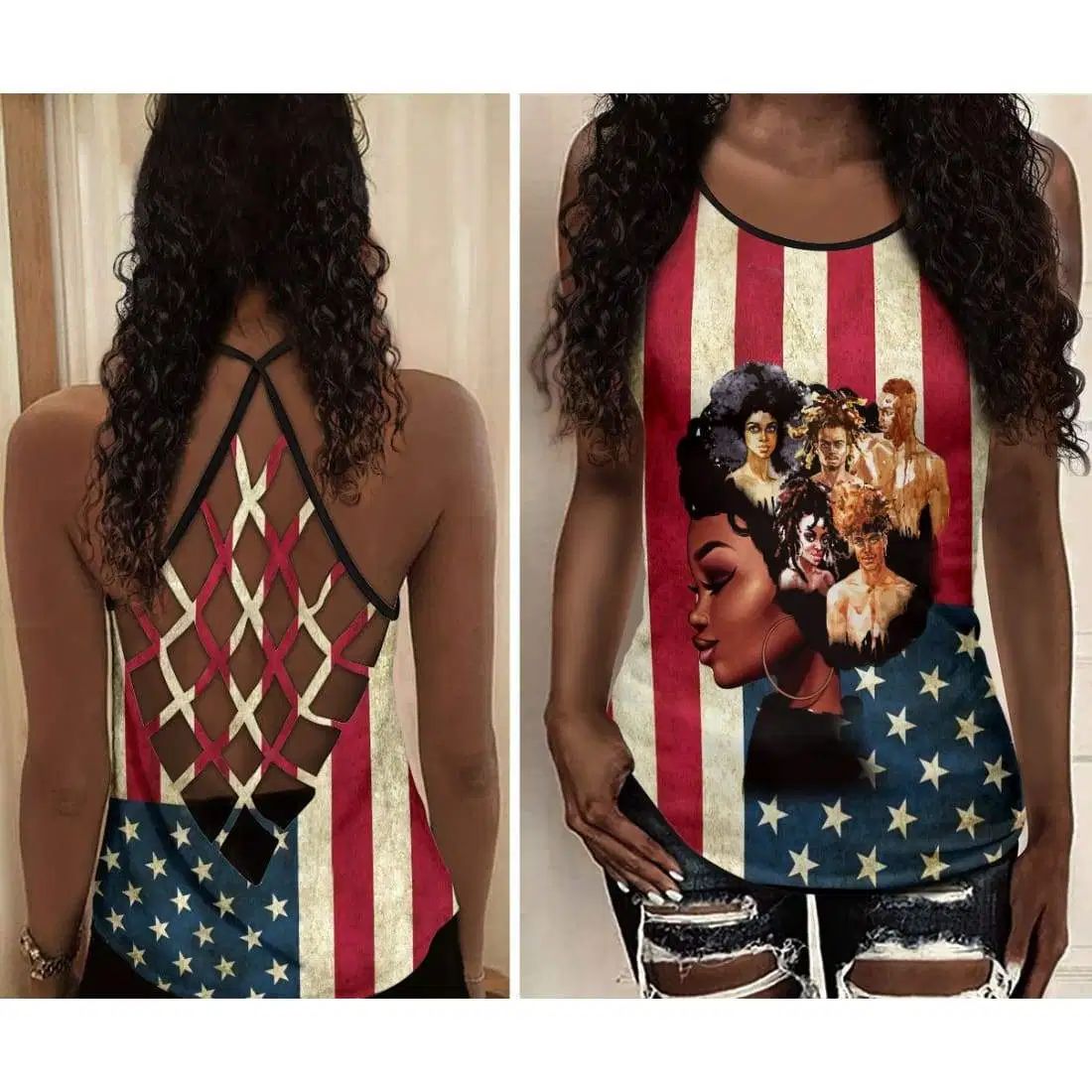 African American Girl USA Flag All Over Printed CrissCross Tank Top Style: Criss Cross Tank Top, Color: Black