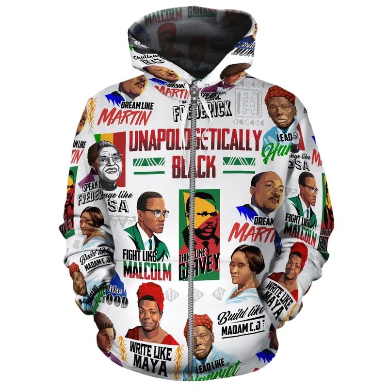 African American Unapologetically Black 3D All Over Print Hoodie Style: 3D Zip Hoodie, Color: White