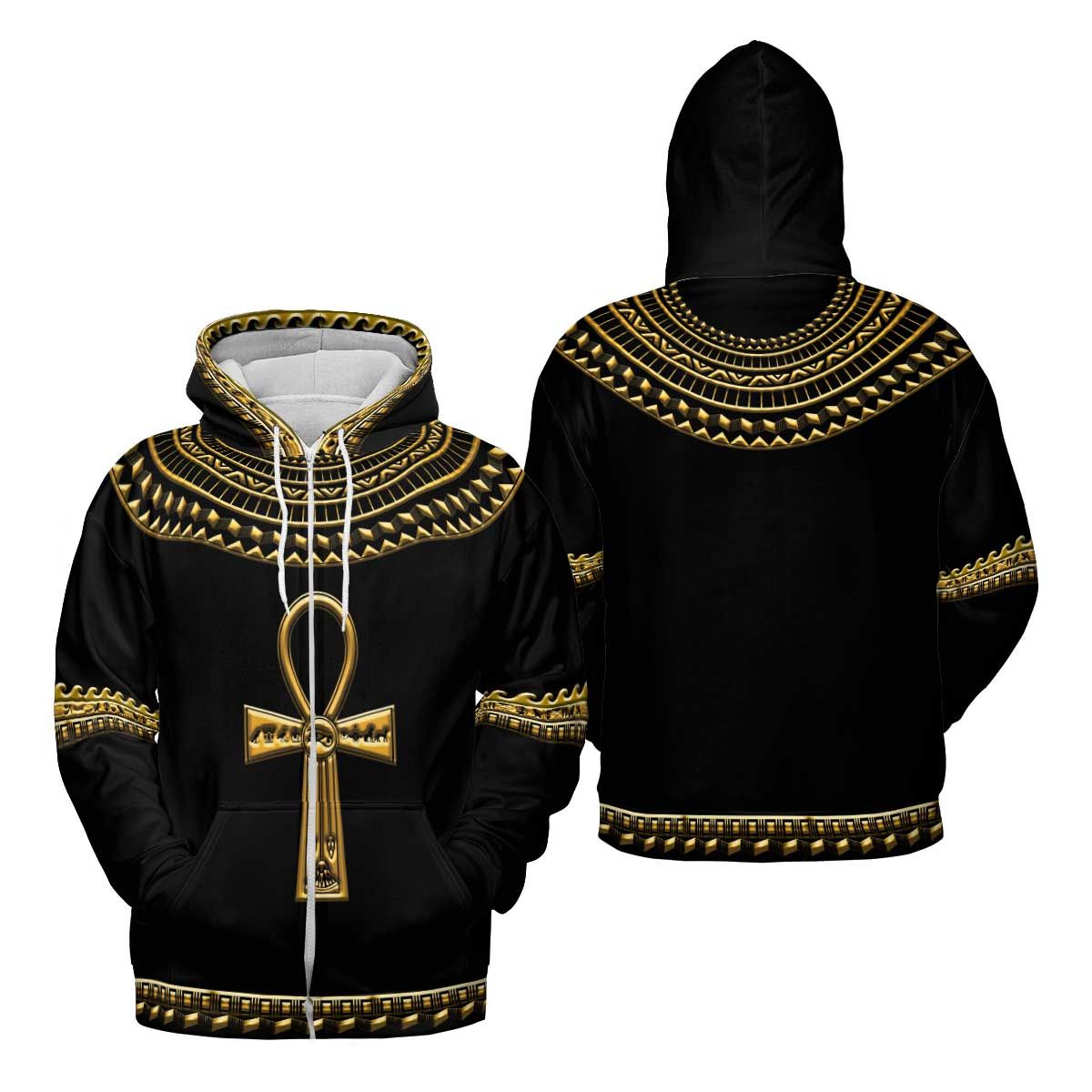 African Ankh Egypt 3D All Over Hoodie Style: 3D Zip Hoodie, Color: Black
