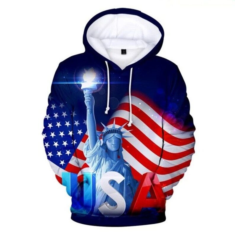 American Flag Patriotic Flag Hoodie Statue of Liberty Named Goddess 3D All Over Print Hoodie Style: 3D Hoodie, Color: Blue