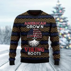 American Grown With Viking Roots Grown Tree Christmas Sweater AOP Sweater Black S