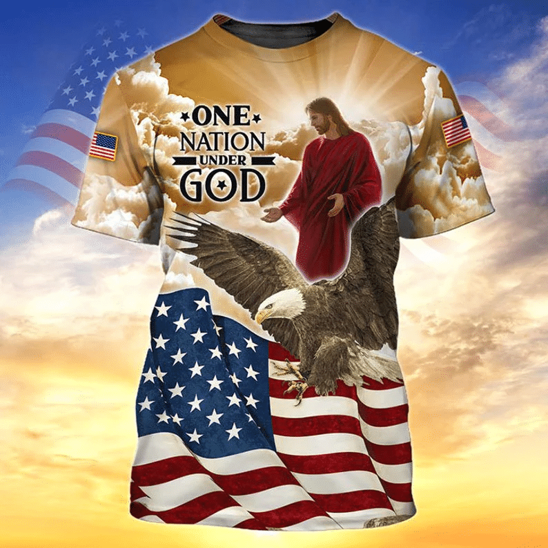 American One Nation Under God Jesus Christ Wild Eagle 3D All Over Print T-Shirt Style: 3D T-Shirt, Color: Red