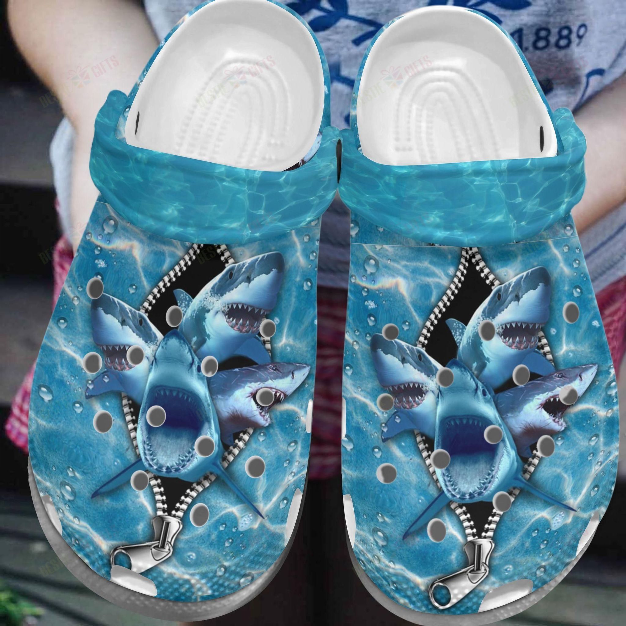 Angry Sharks, Shark Unisex Whitesole Clog Shoes W6/M4 (EU36) White