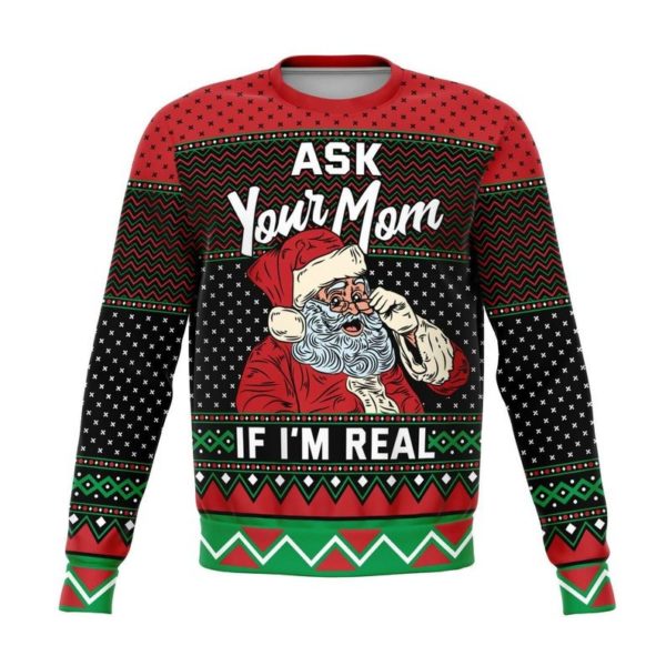 Ask Your Mom If I'm Real Ugly Santa Christmas Sweater AOP Sweater Red S