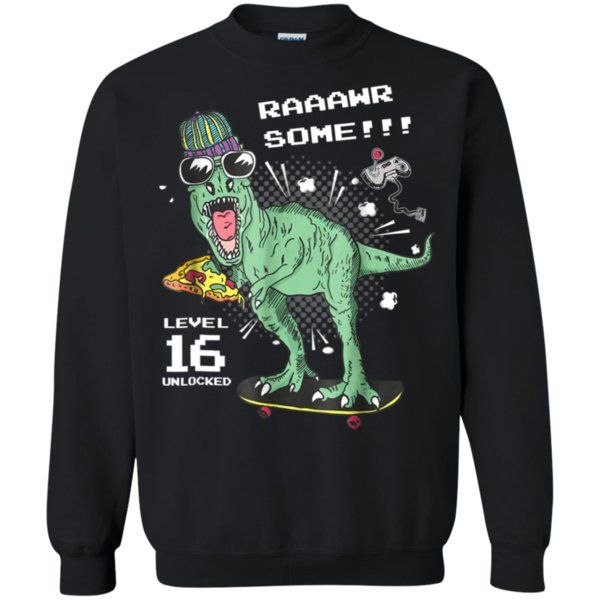 Awesome Level 16 Unlocked Dinosaur With Pizza Christmas Sweatshirt Sweatshirt Black S