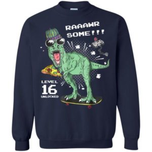 Awesome Level 16 Unlocked Dinosaur With Pizza Christmas Sweatshirt Sweatshirt Navy S
