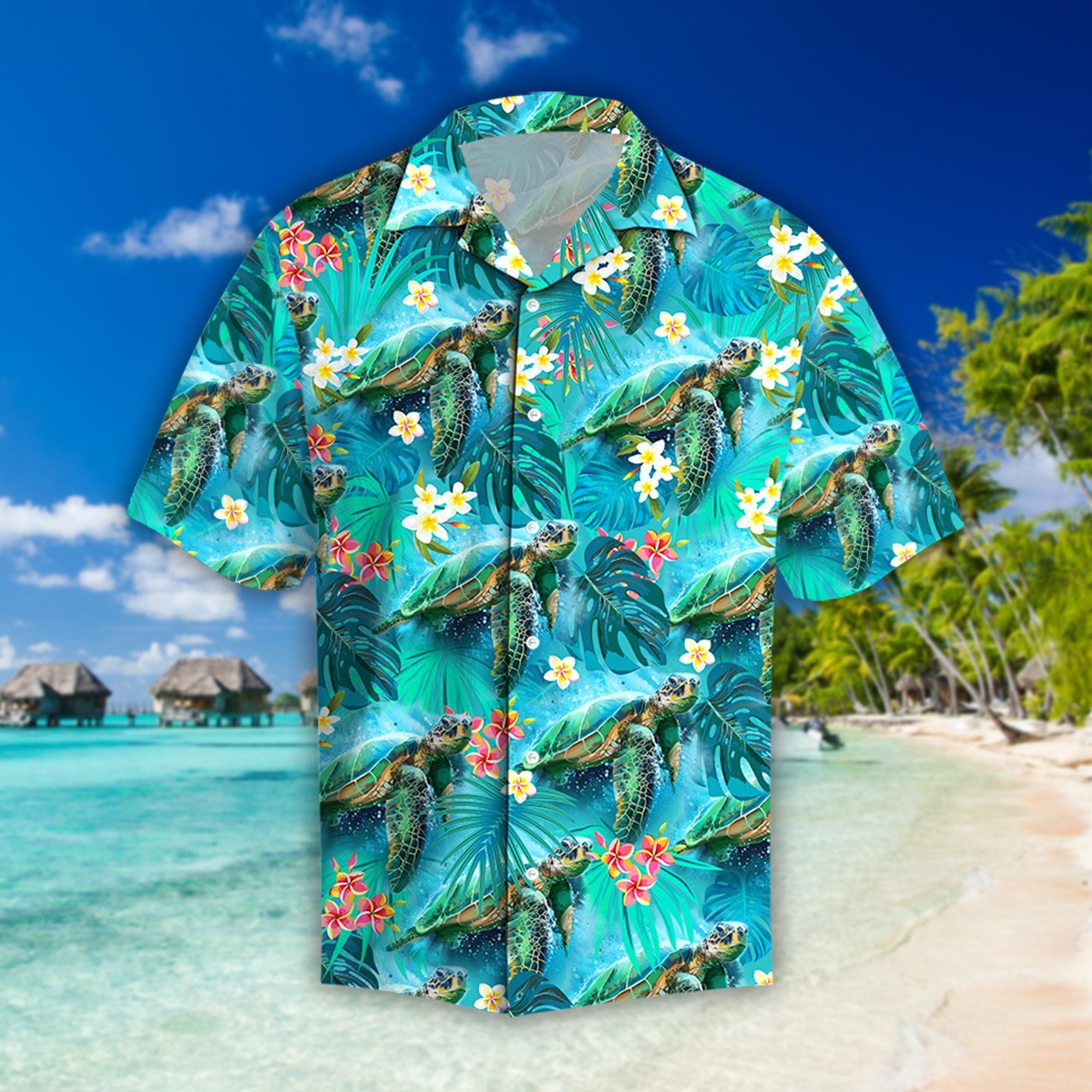 Beautiful Tropical Leaves & Turtle Hawaiian Shirt Style: Short Sleeve Hawaiian Shirt, Color: Green