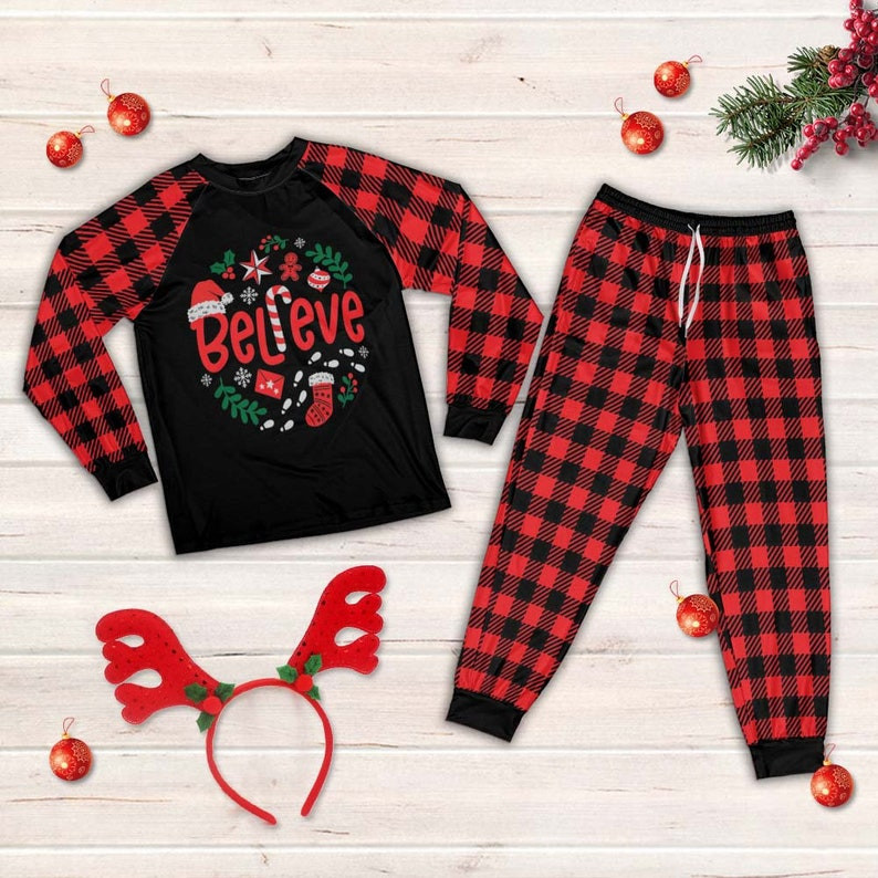 Believe Christmas Stocking Candy Cane Family Pajamas Set Pajamas Shirt Red XS