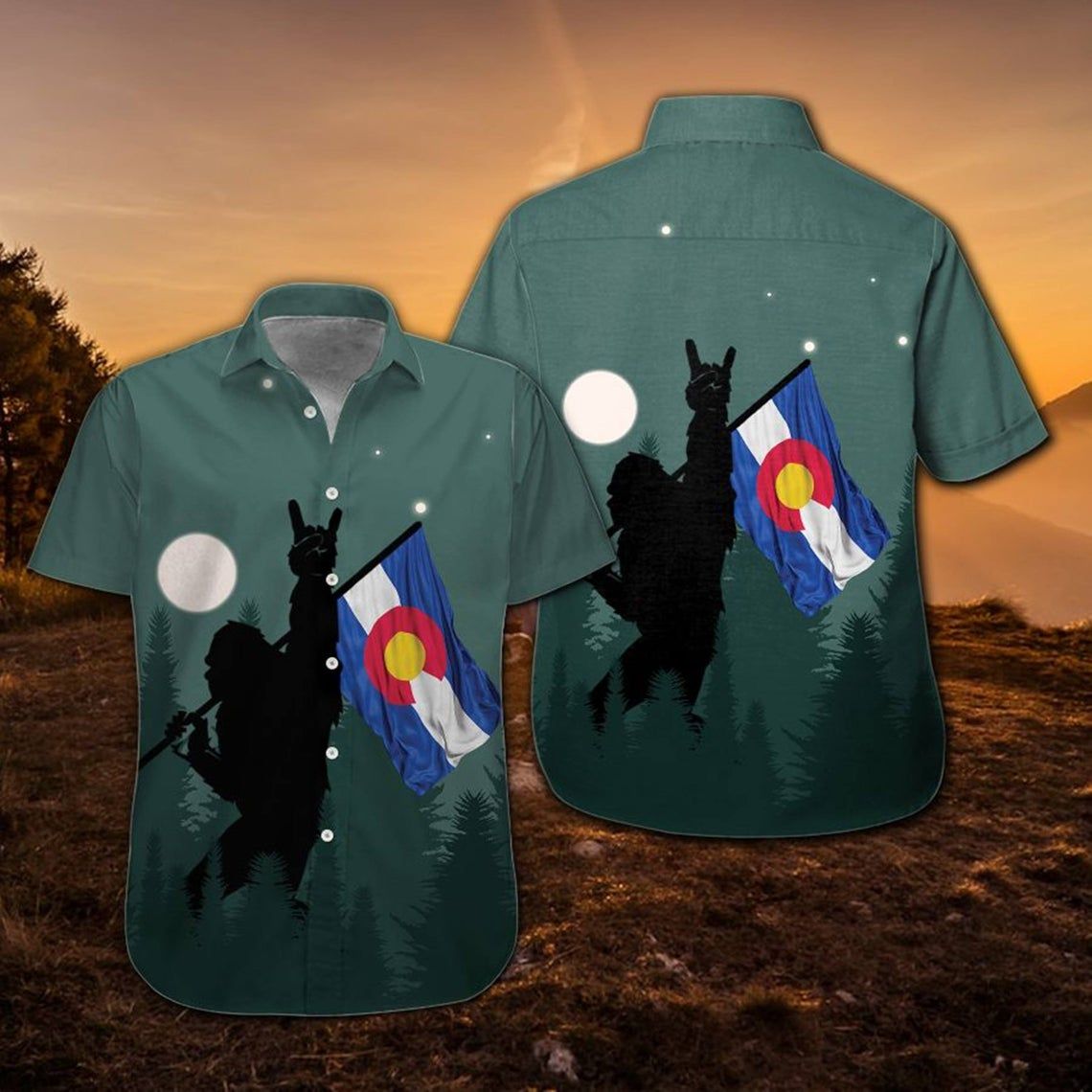 Bigfoot Colorado Flag Hawaiian Shirt Style: Short Sleeve Hawaiian Shirt, Color: Black