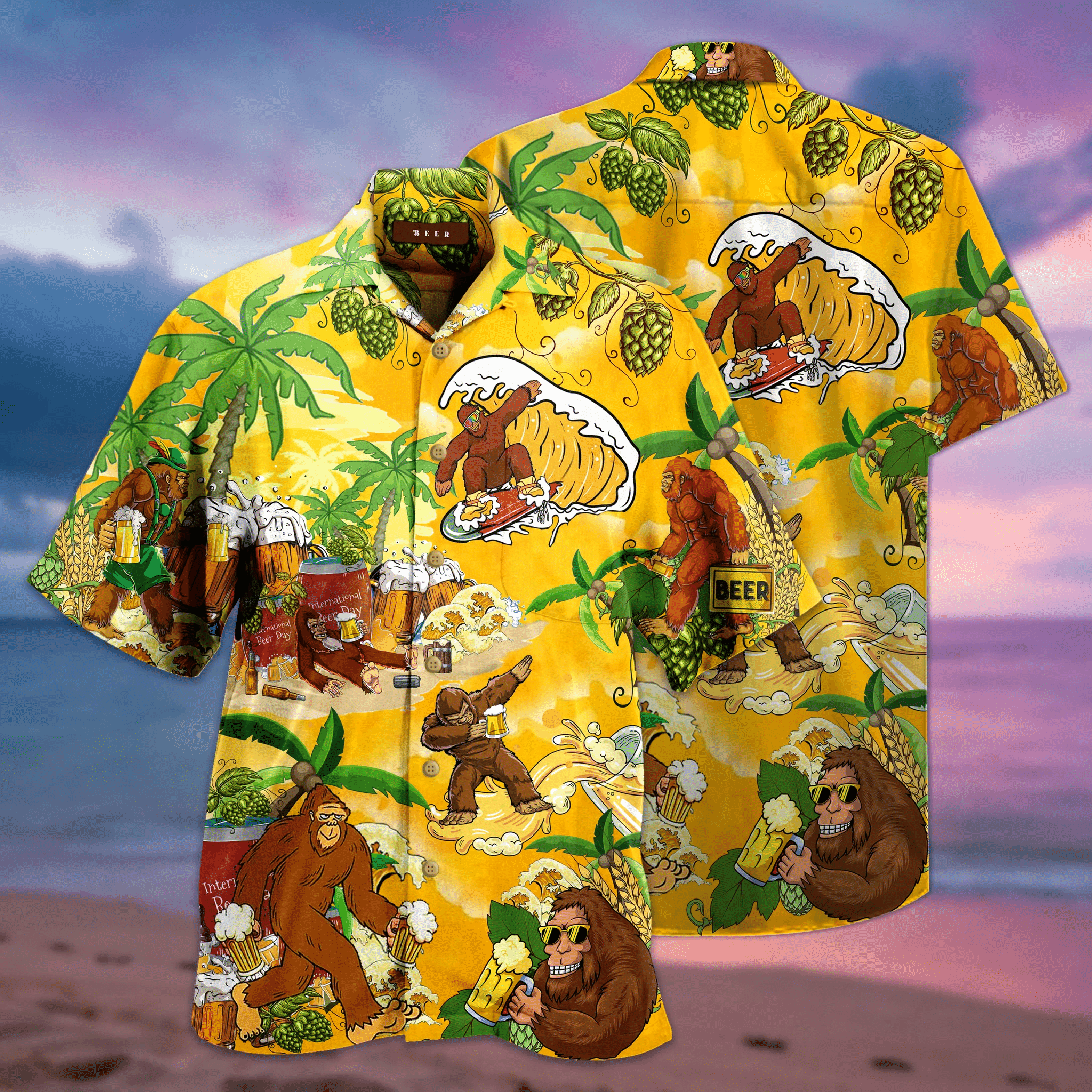 Bigfoot Surfing & Drink Beer Tropical Hawaiian Shirt Style: Short Sleeve Hawaiian Shirt, Color: Yellow
