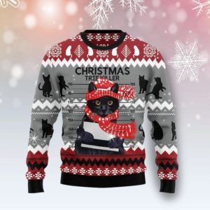 Black Cat Christmas Tree Killer Christmas Sweater AOP Sweater Black S