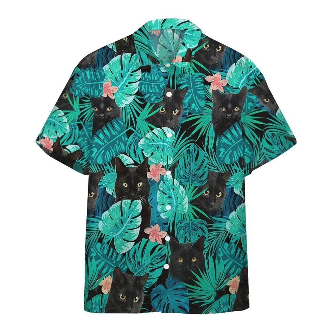 Black Cat Floral Tropical Hawaiian Shirt Style: Short Sleeve Hawaiian Shirt, Color: White