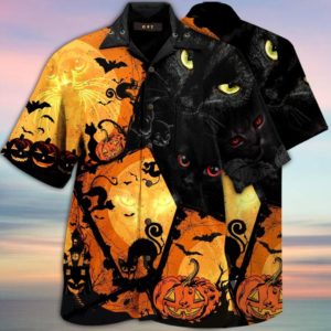 Black Cat Halloween Pumpkin Hawaiian Shirt Short Sleeve Hawaiian Shirt Black S