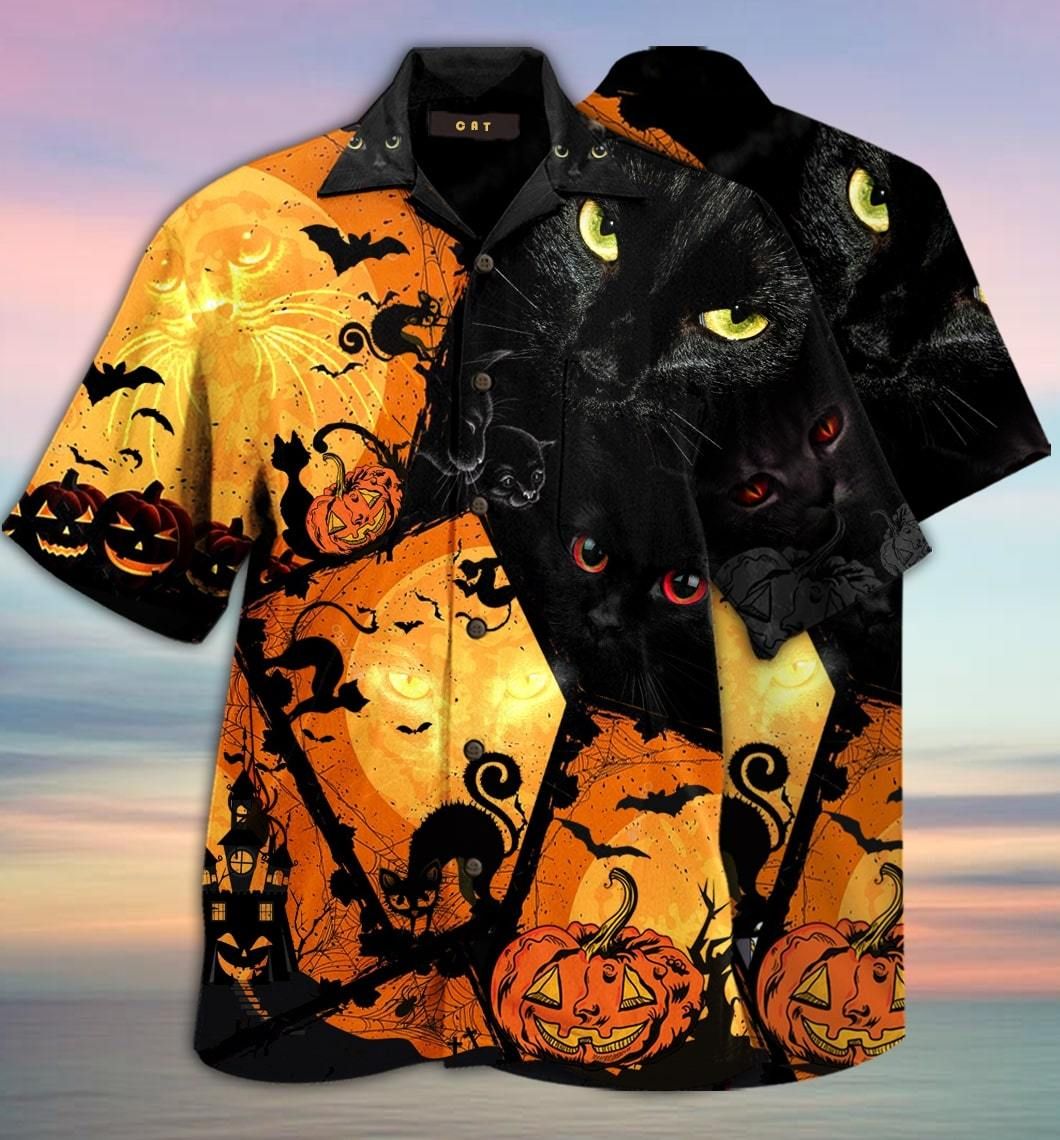 Black Cat Halloween Pumpkin Hawaiian Shirt Style: Short Sleeve Hawaiian Shirt, Color: Black