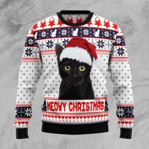 Black Cat Meowy Christmas Sweater AOP Sweater White S