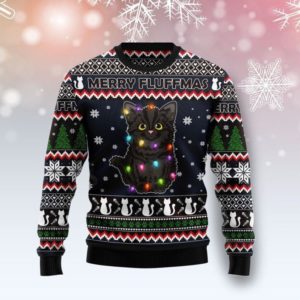 Black Cat Merry Fluffmas Led Light Christmas Sweater AOP Sweater Navy S