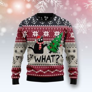 Black Cat "What?" Christmas Tree Christmas Sweater AOP Sweater Maroon S