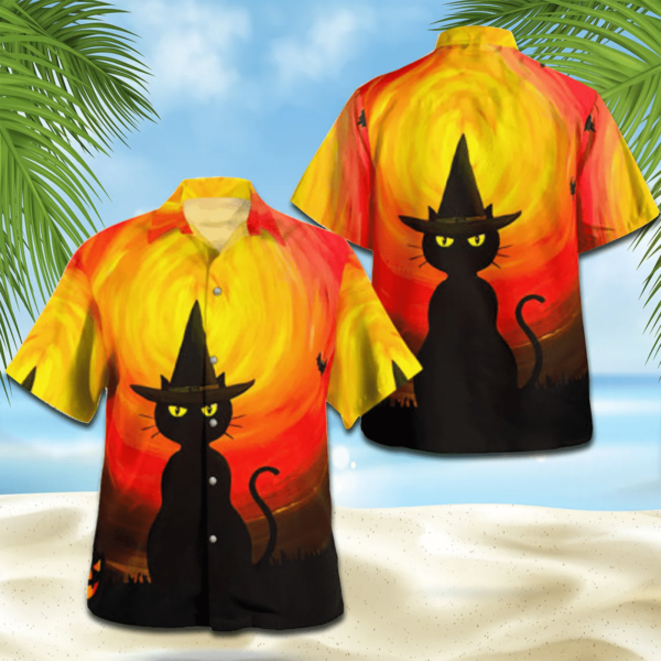Black Cat Witch 3D Hawaiian Shirt Short-Sleeve Hawaiian Shirt Orange S