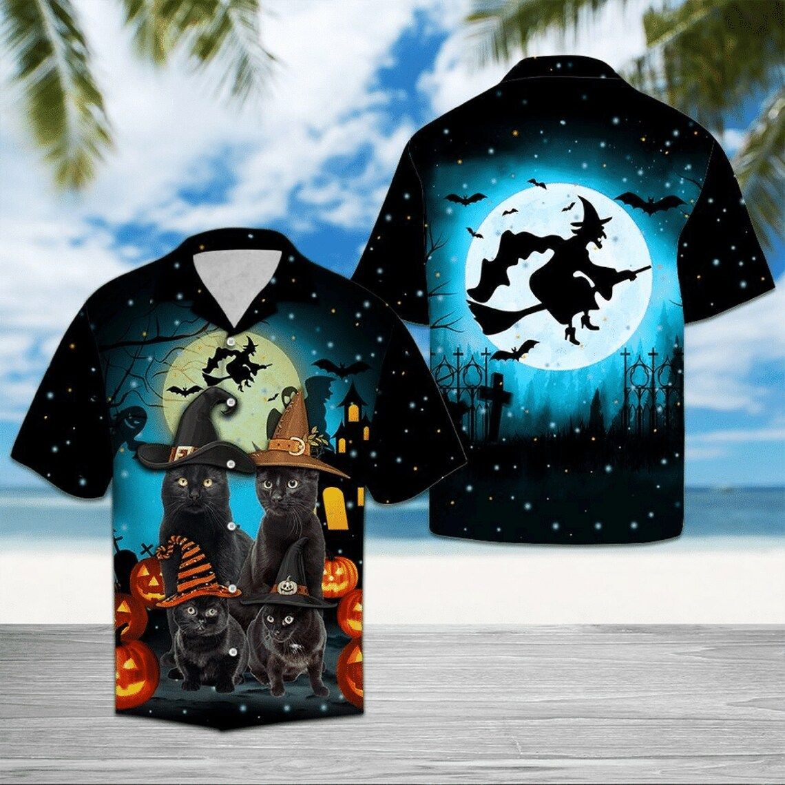 Black Cat Witch Halloween 3D Hawaiian Shirt Style: Short-Sleeve Hawaiian Shirt, Color: Black