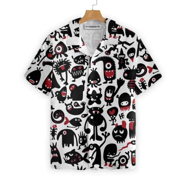 Black Monster For Halloween Button Hawaiian Shirt Short-Sleeve Hawaiian Shirt White S