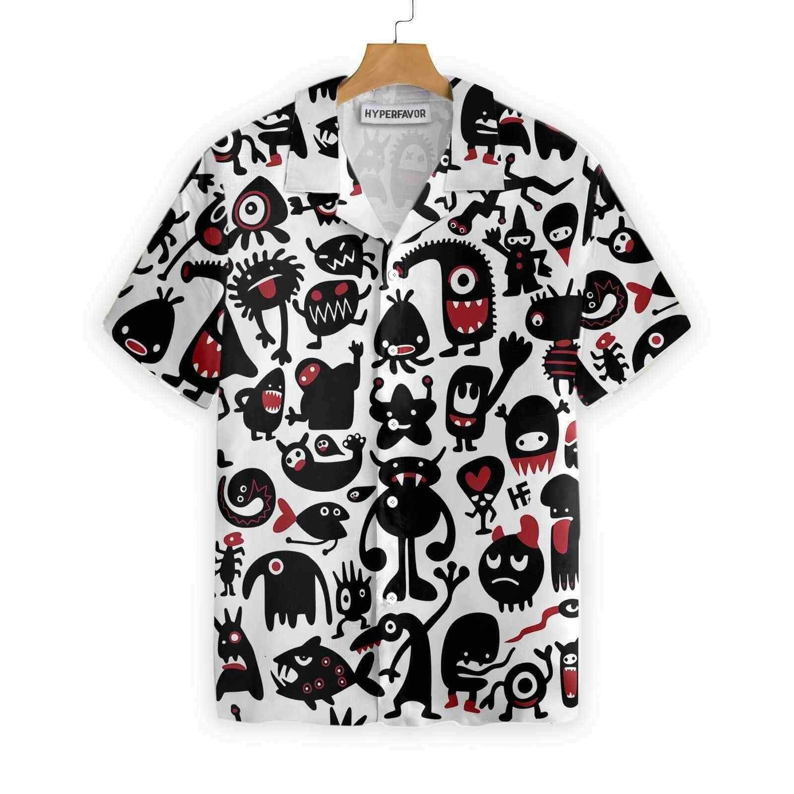 Black Monster For Halloween Button Hawaiian Shirt Style: Short-Sleeve Hawaiian Shirt, Color: White