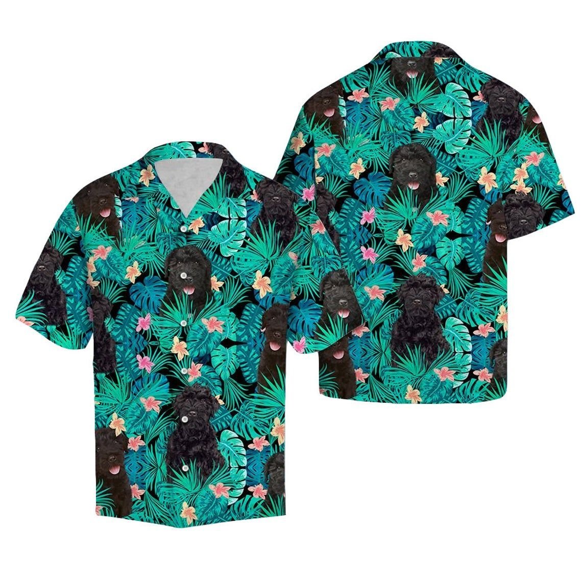 Black Russian Terrier Tropical Hawaiian Shirt Style: Short Sleeve Hawaiian Shirt, Color: Black