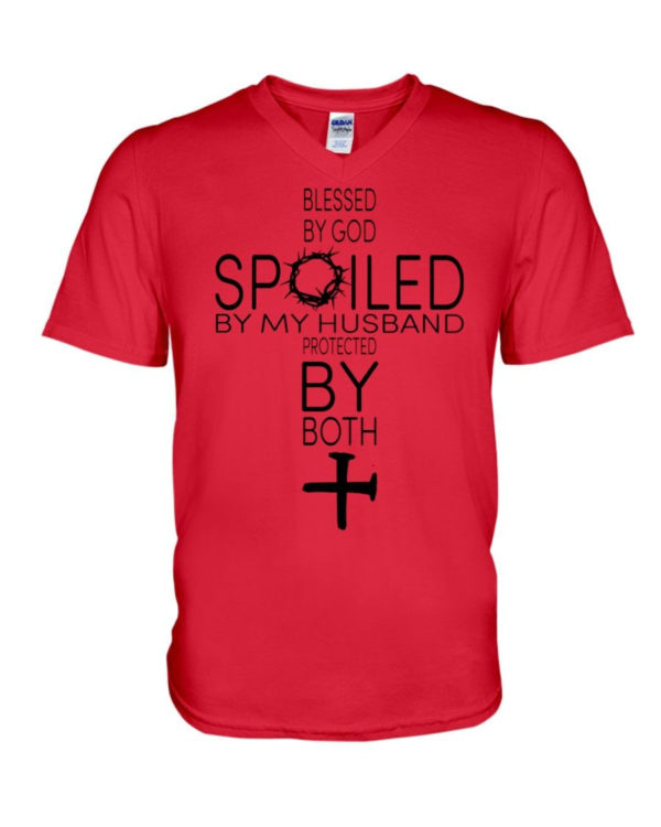 Blessed By God Spoiled By My Husband Protected By Both Shirt V-Neck T-Shirt Red S