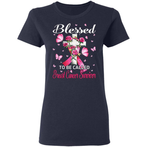 Blessed To be Called Breast Cancer Survivor Cross Flower T-Shirt Ladies T-Shirt Navy S