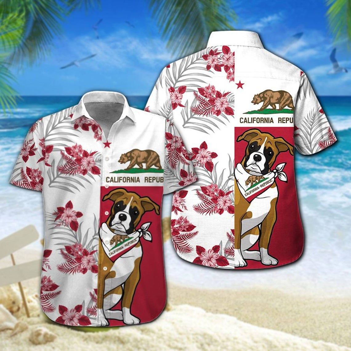 Boxer California Republic Hawaiian Shirt Style: Short Sleeve Hawaiian Shirt, Color: White