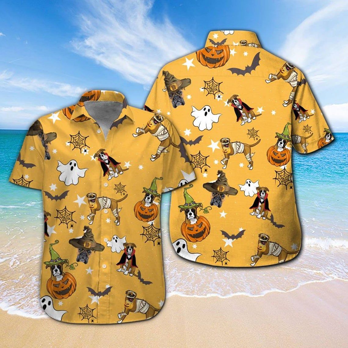 Boxer Halloween Hawaiian Shirt Style: Short Sleeve Hawaiian Shirt, Color: Yellow