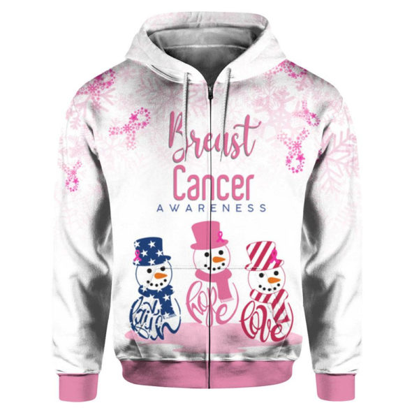Breast Cancer Awareness Pink Snowman Christmas All Over Print 3D Shirt 3D Zip Hoodie Pink S