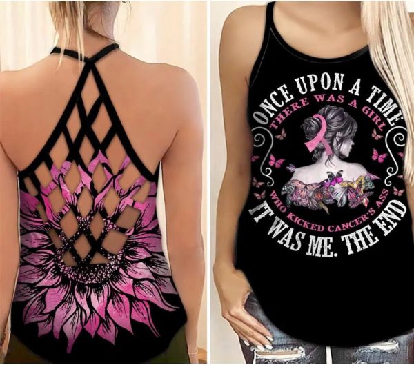 Breast Cancer Awareness, There Was A Girl, Who Kicked Cancer's Ass Criss Cross Tank Top Criss Cross Tank Top Black S