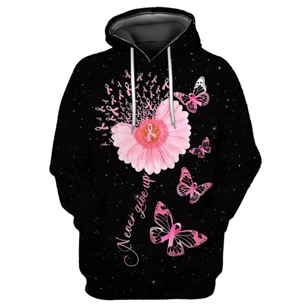 Breast Cancer Never Give Up Pink Flower And Butterfly 3D All Over Printed Shirt 3D Hoodie Pink S