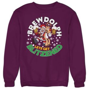 Brewdolph Let's Get Blitzened Ugly Santa And Reindeer Christmas Sweatshirt Sweatshirt Purple S