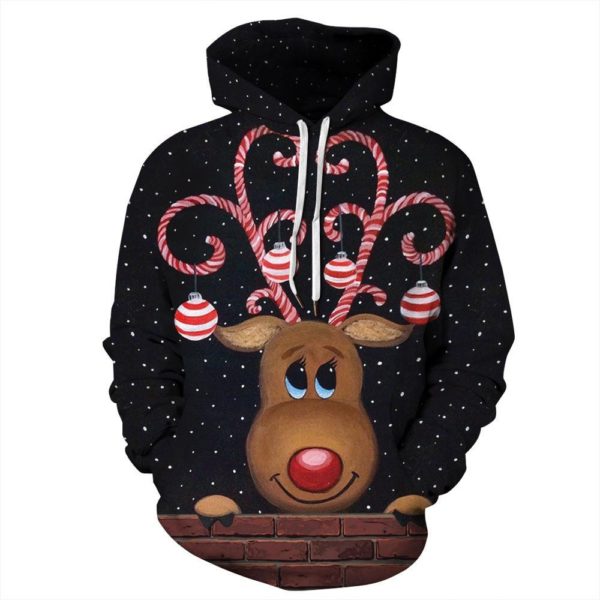 Candy Horn Cartoon Reindeer Bauble Christmas All Over Print 3D Hoodie 3D Hoodie Black S