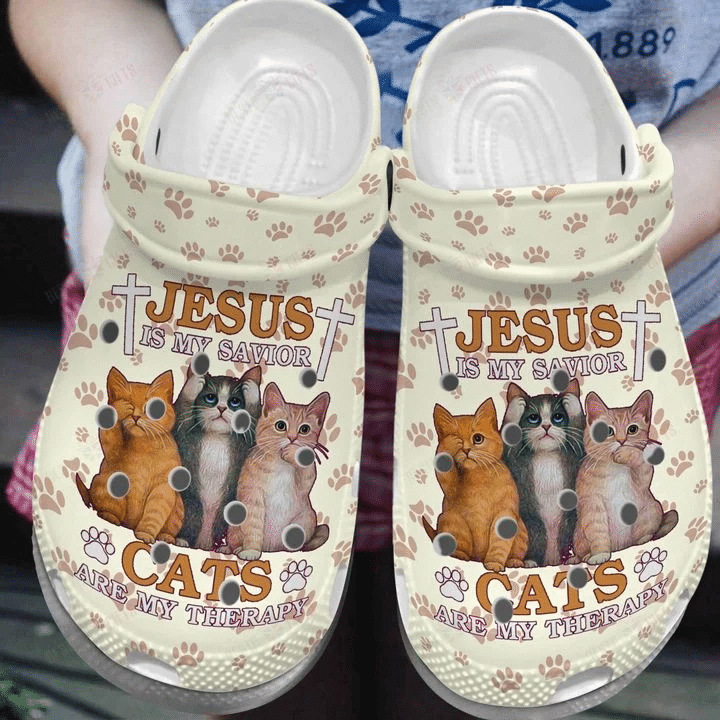 Cat Clog Shoes, Jesus Is My Savior Cat Are My Therapy Unisex Clog Shoes Clog Shoes White W6/M4 (EU36)