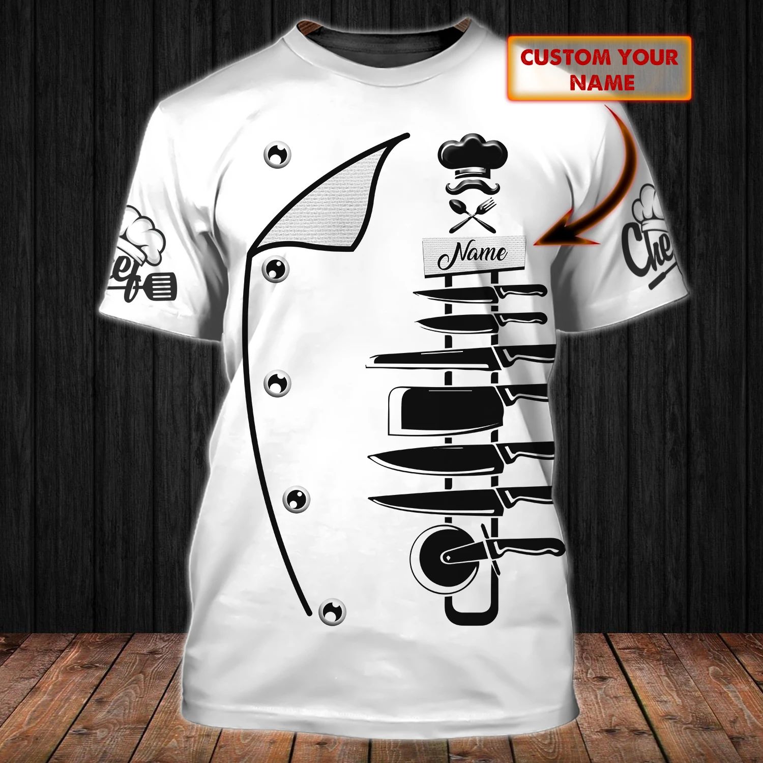 CHEF Costume Cosplay Personalized Name 3D All Over Print T-Shirt Style: 3D T-Shirt, Color: White