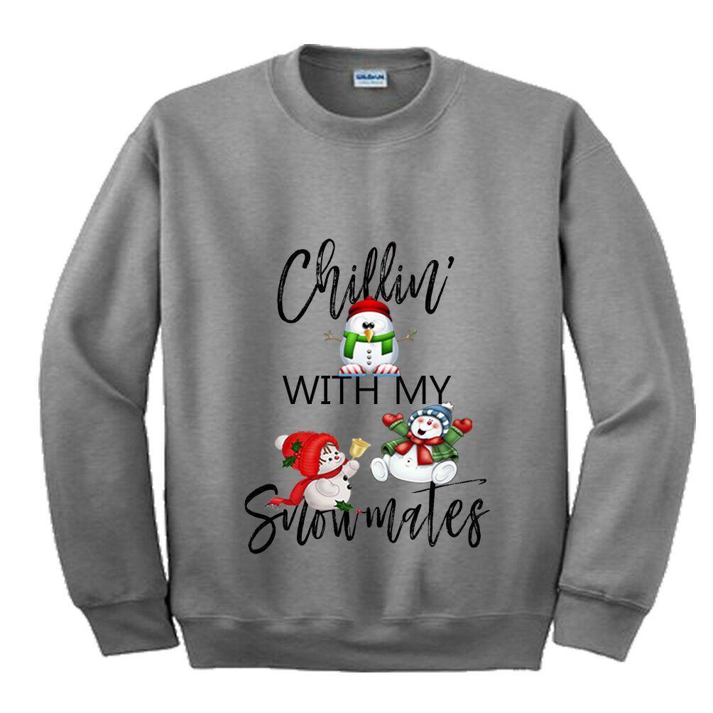 Chillin With My Snowmates Funny Snowman Santa Christmas Sweatshirt Style: Sweatshirt, Color: Grey