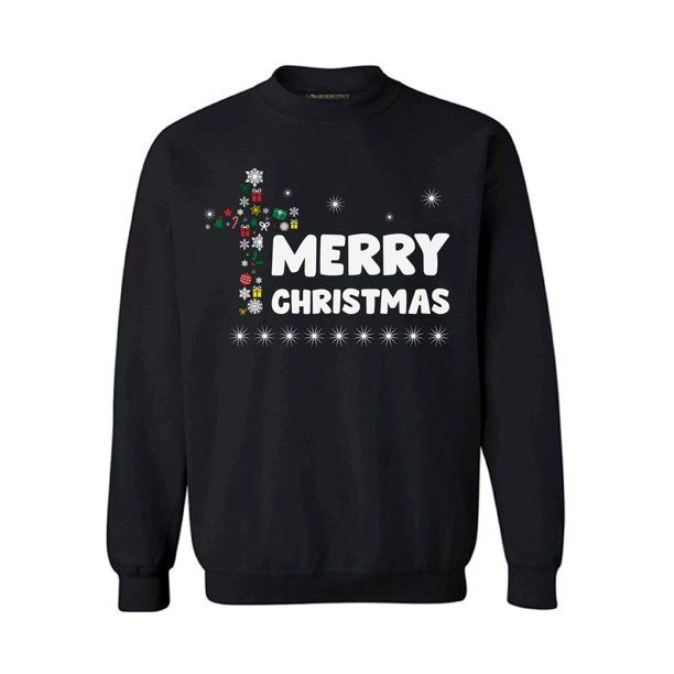 Christian Cross Merry Christmas Sweater Jesus Sweatshirt Style: Sweatshirt, Color: Black