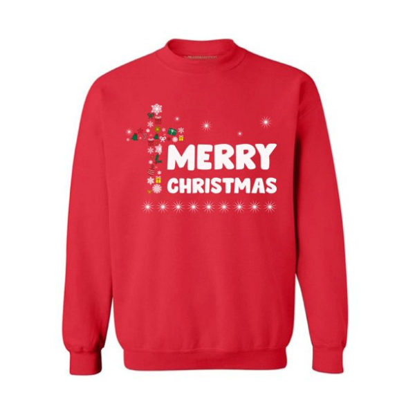 Christian Cross Merry Christmas Sweater Jesus Sweatshirt Sweatshirt Red S