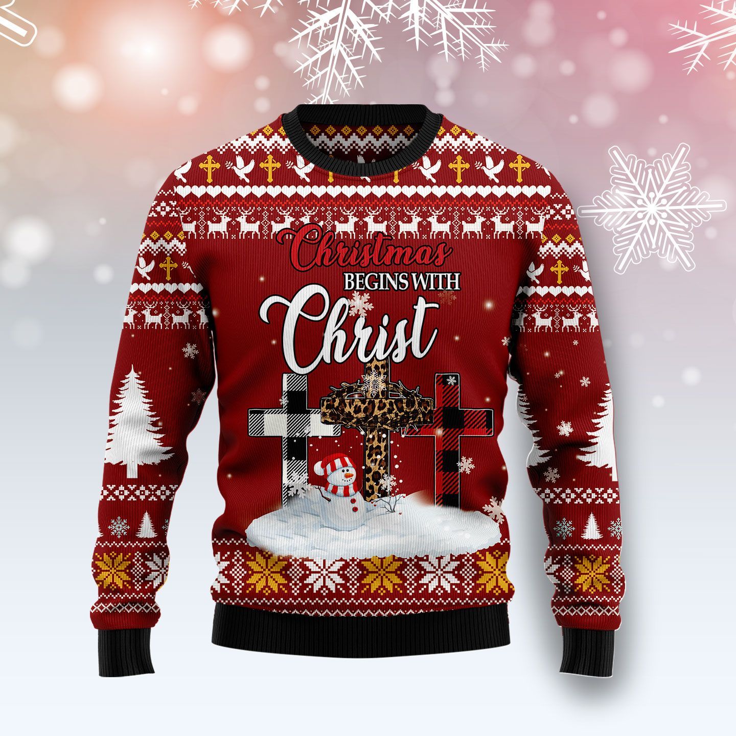 Christmas Begins With Christ Cross Snowman Sweater AOP Sweater Red S