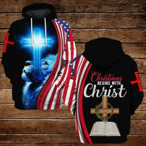 Christmas Begins With Christ Lion Jesus Cross 3D All Over Print Hoodie Style: 3D Hoodie, Color: Black