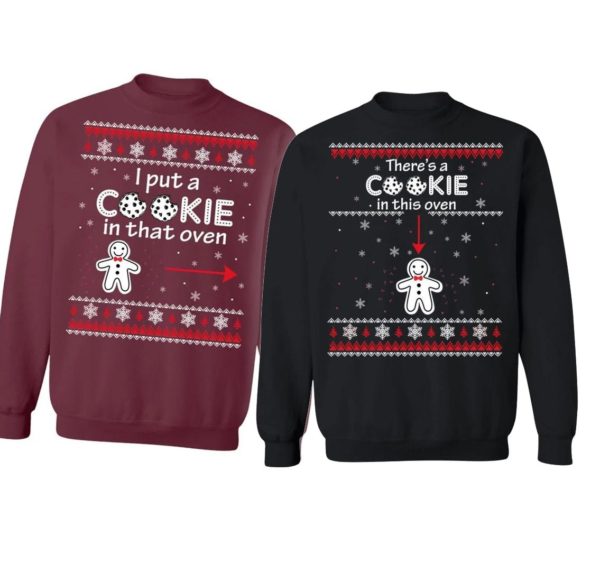 Christmas Couple Sweatshirt Pregnancy Announcement I Put A Cookie Shirt There's A Cookie Black S