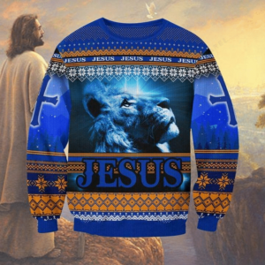 Christmas Jesus Cross Lion Christmas Sweater AOP Sweater Blue S