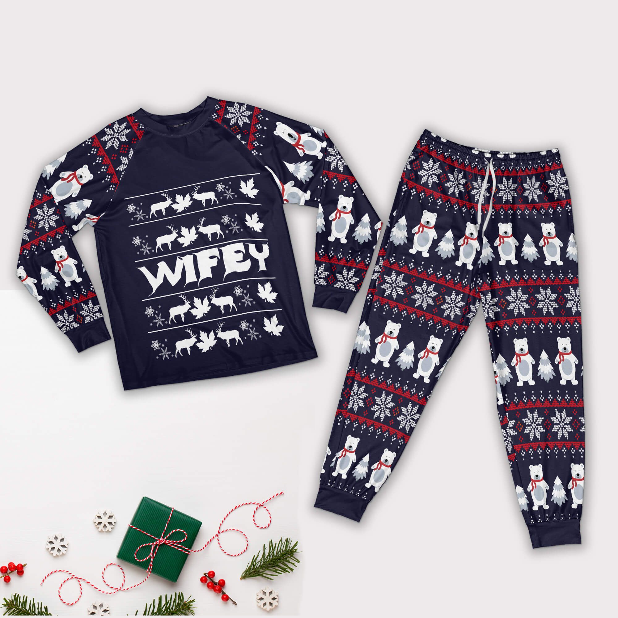 Christmas Pajamas Couple Matching Set Personalized Pajamas Style: Wifey Pajamas Set, Color: Navy