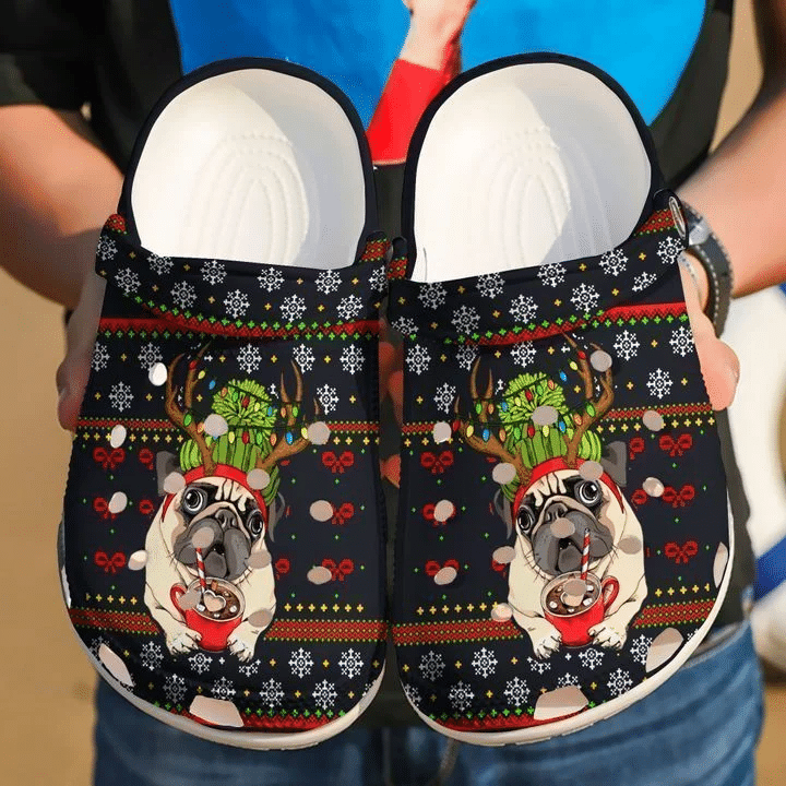 Christmas Pug Dog Drink Hot Chocolate Clog Shoes Clog Shoes Black W6/M4 (EU36)