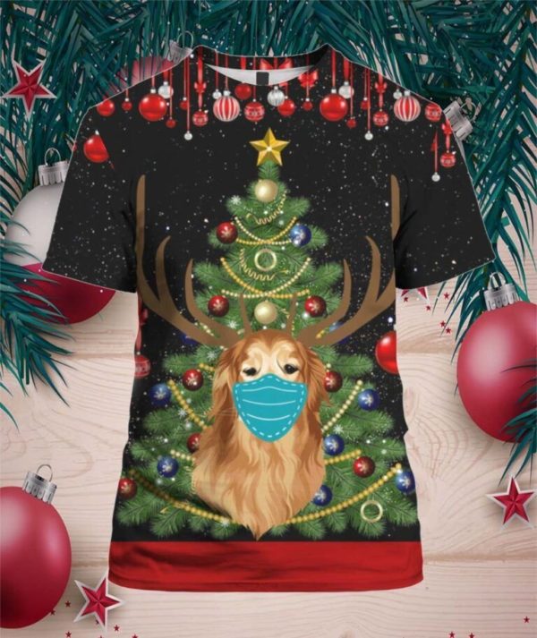 Christmas Tree Golden Retriever Reindeer With Face Mask Christmas 3D All Over Print Shirt 3D T-Shirt Black S